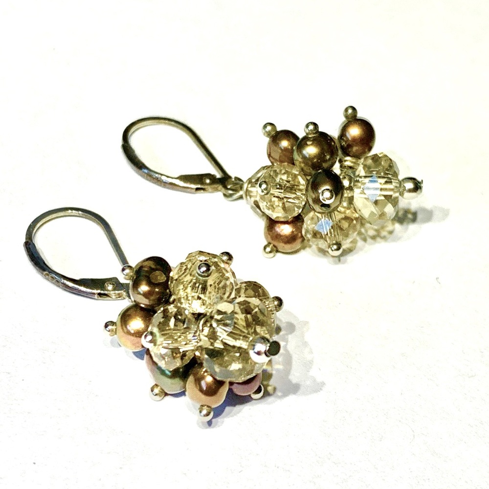 💝Vintage Silver 925 Cluster Pearl & Crystal Earrings